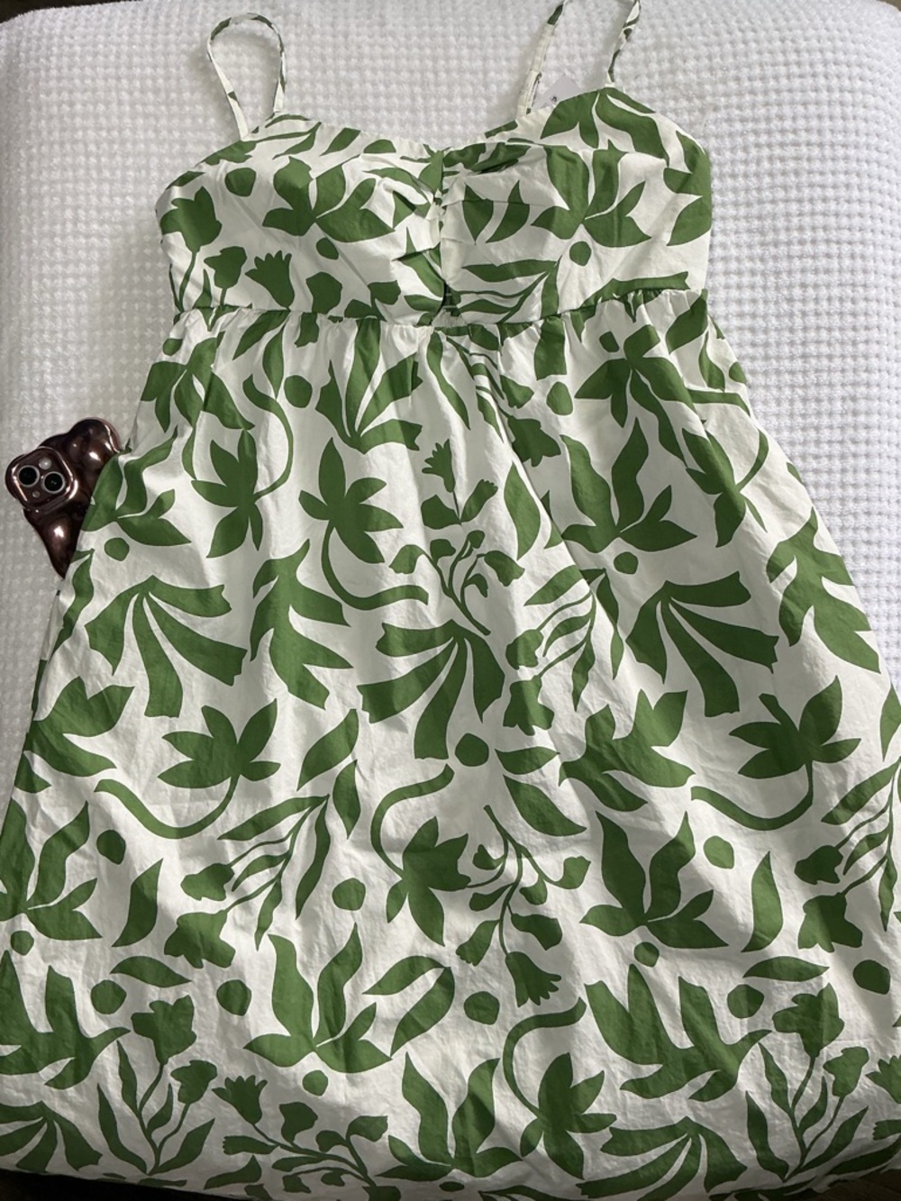 Time and Tru White Maxi Dress with Green Leaf Print